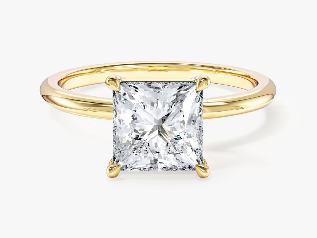 Princess cut lab grown diamond V prong solitaire engagement ring in yellow gold, front view