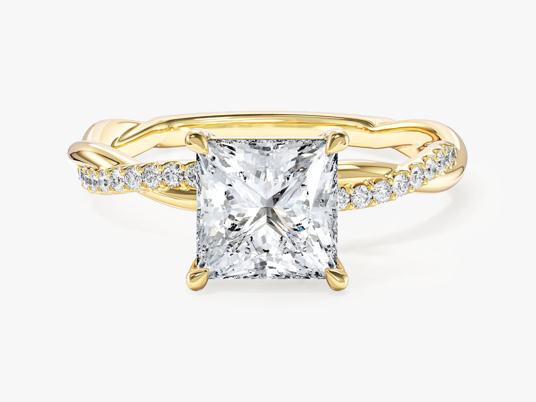Dainty princess moissanite twist band engagement ring in 14K yellow gold, front view