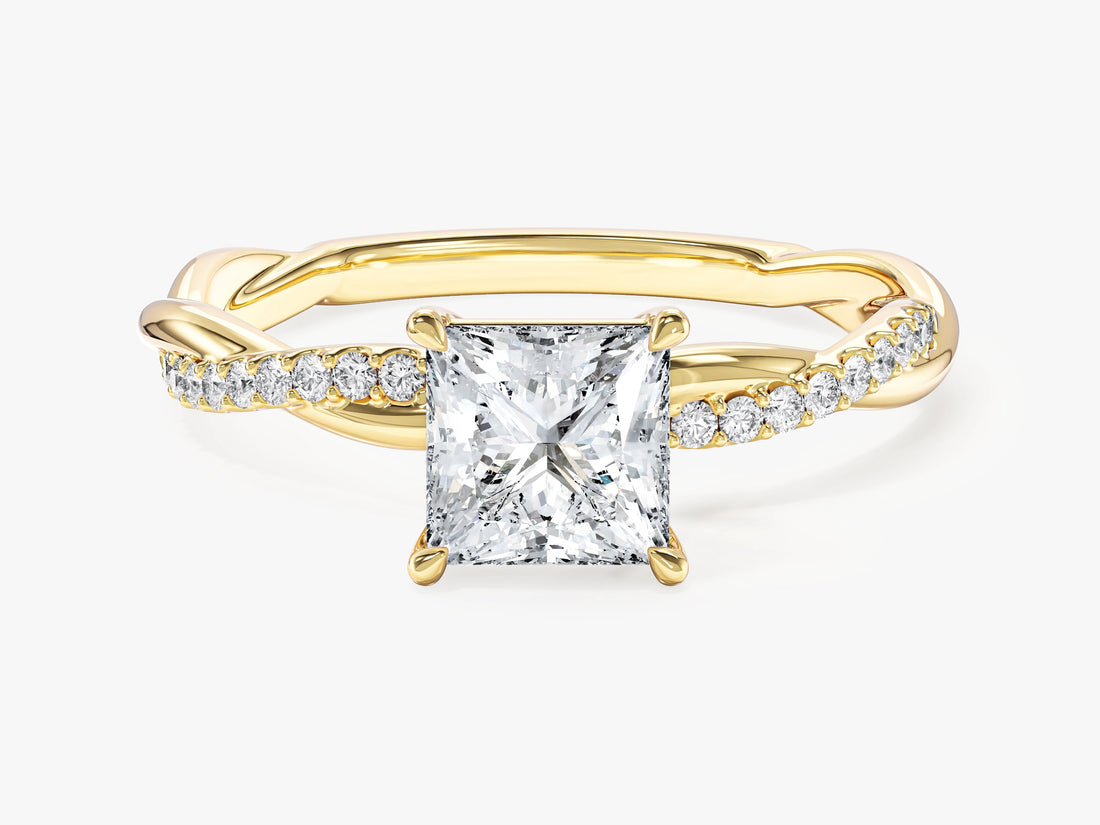 Square princess lab grown diamond braided engagement ring with half pave crossover band in yellow gold, front view