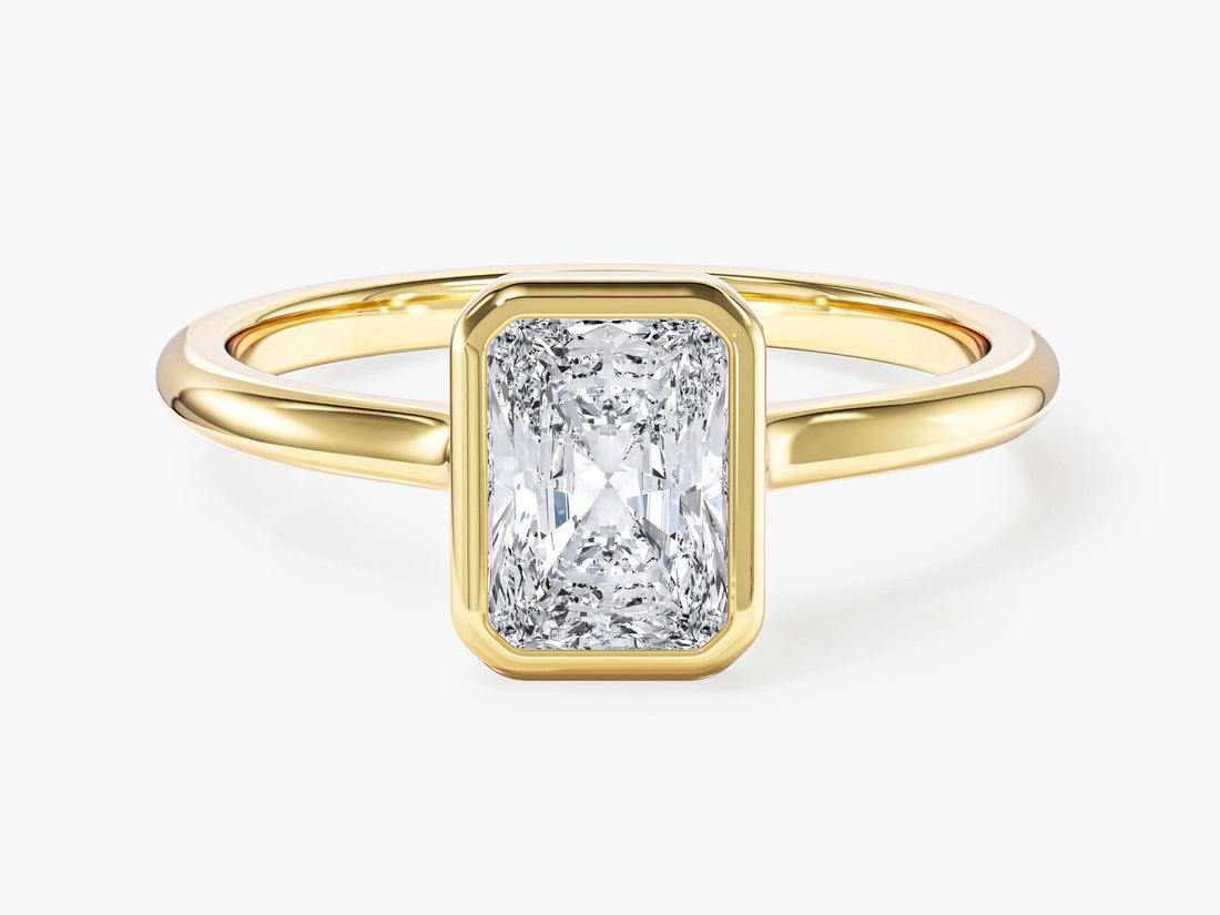 Radiant lab grown diamond minimalist bezel set engagement ring in yellow gold, front view