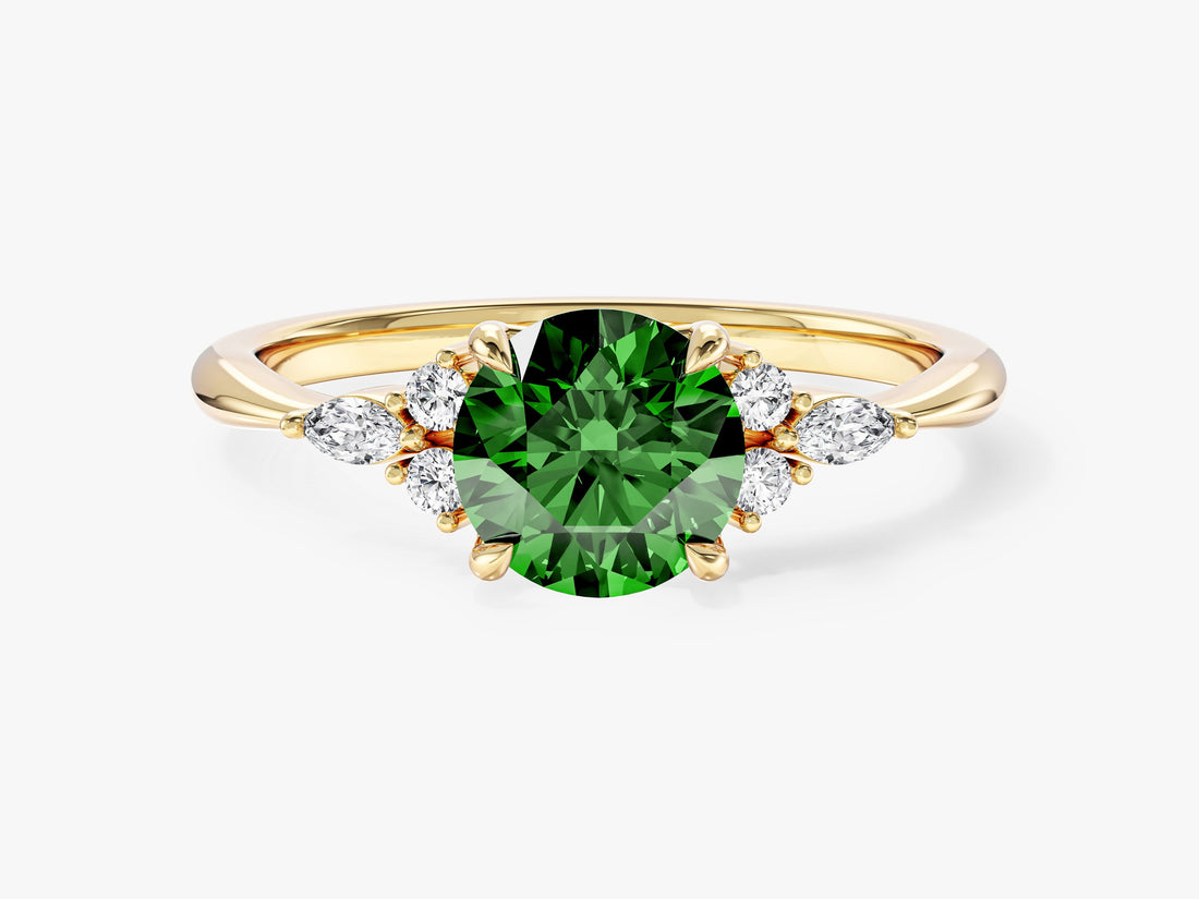 Round moissanite side cluster engagement ring with marquise accents in 14K yellow gold, green display stone