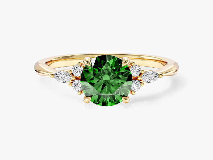Round moissanite side cluster engagement ring with marquise accents in 14K yellow gold, green display stone