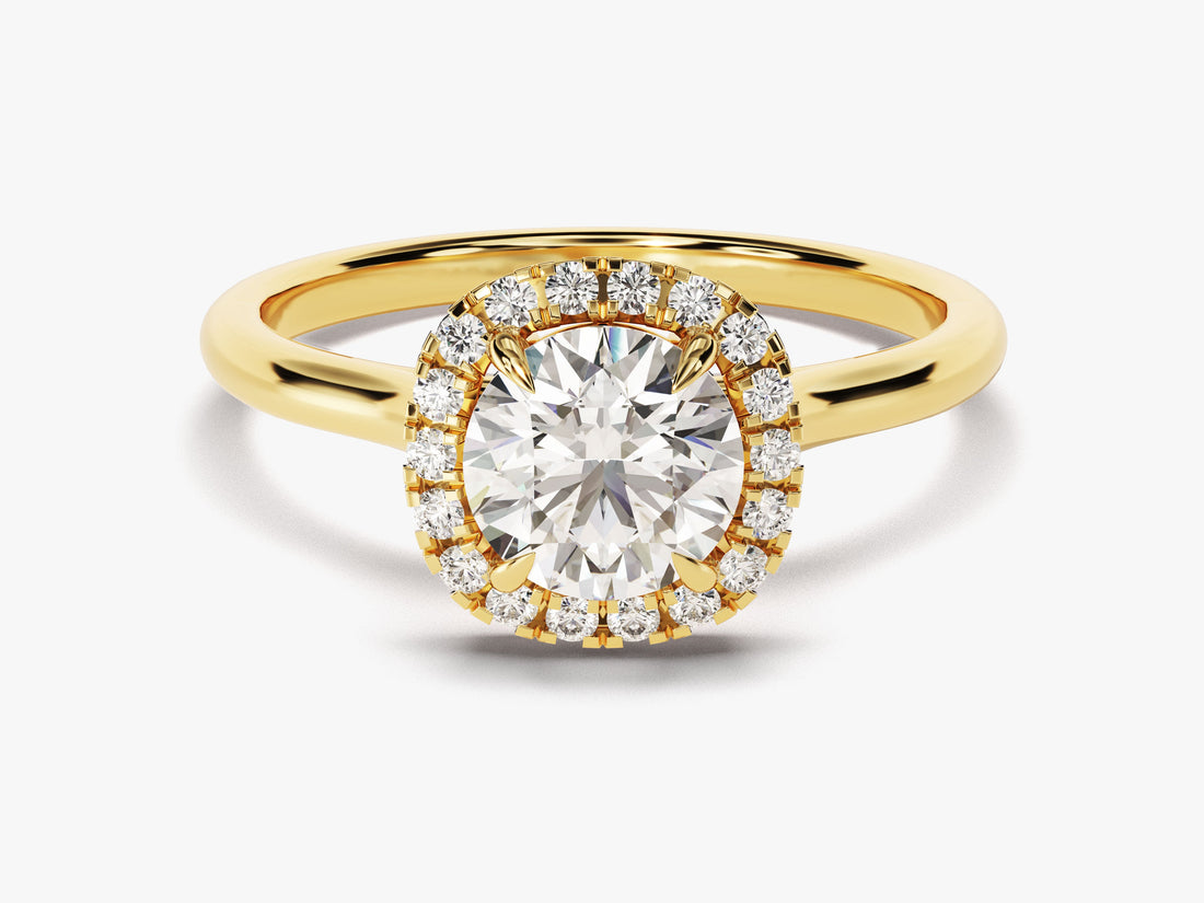 Round moissanite cushion shaped halo engagement ring with plain thin band in 14K yellow gold, front view