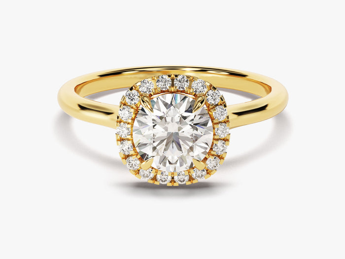 Round moissanite cushion shaped halo engagement ring with plain thin band in 14K yellow gold, front view