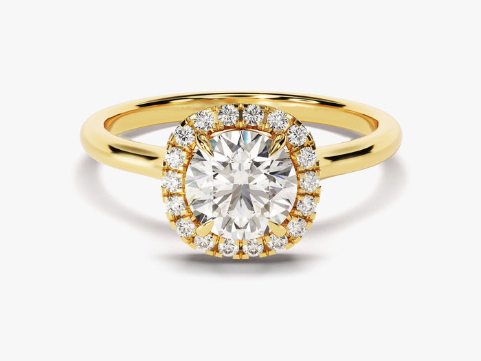 Round lab grown diamond cushion halo engagement ring with plain band in yellow gold, front view