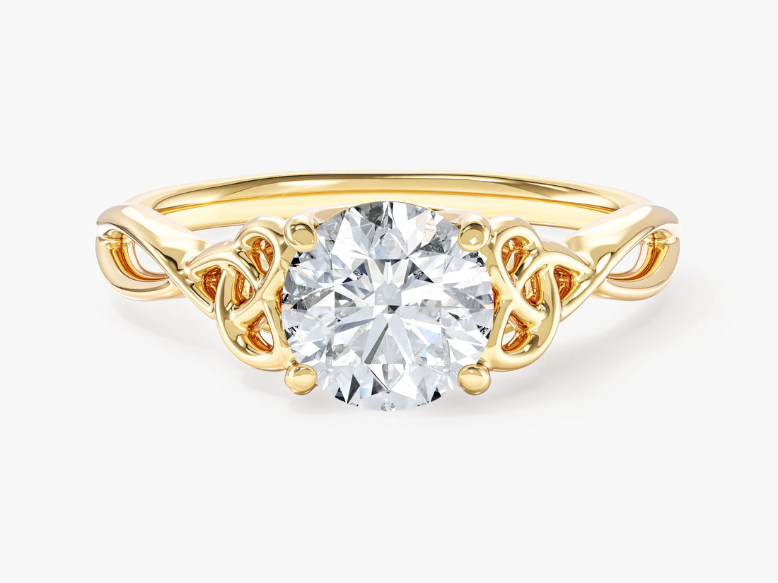 Round moissanite Celtic knot solitaire engagement ring in 14K yellow gold, front view