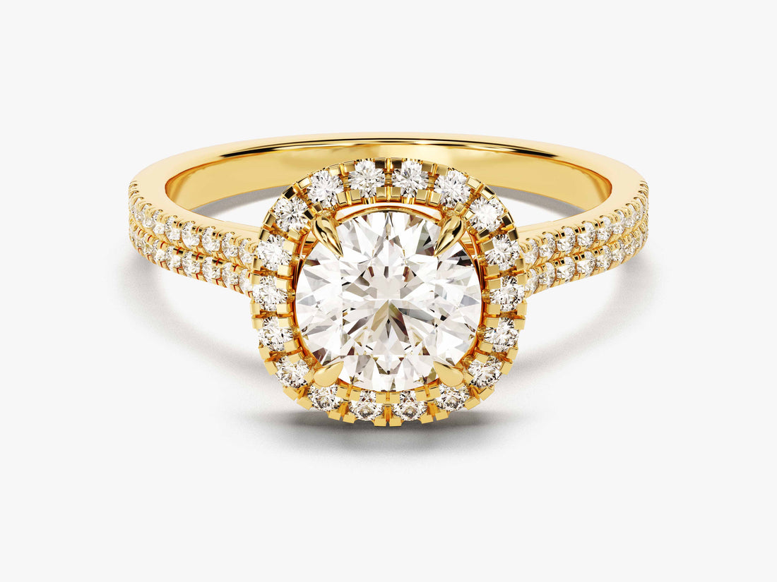 Round moissanite cushion halo engagement ring with double row pave band in 14K yellow gold, front view