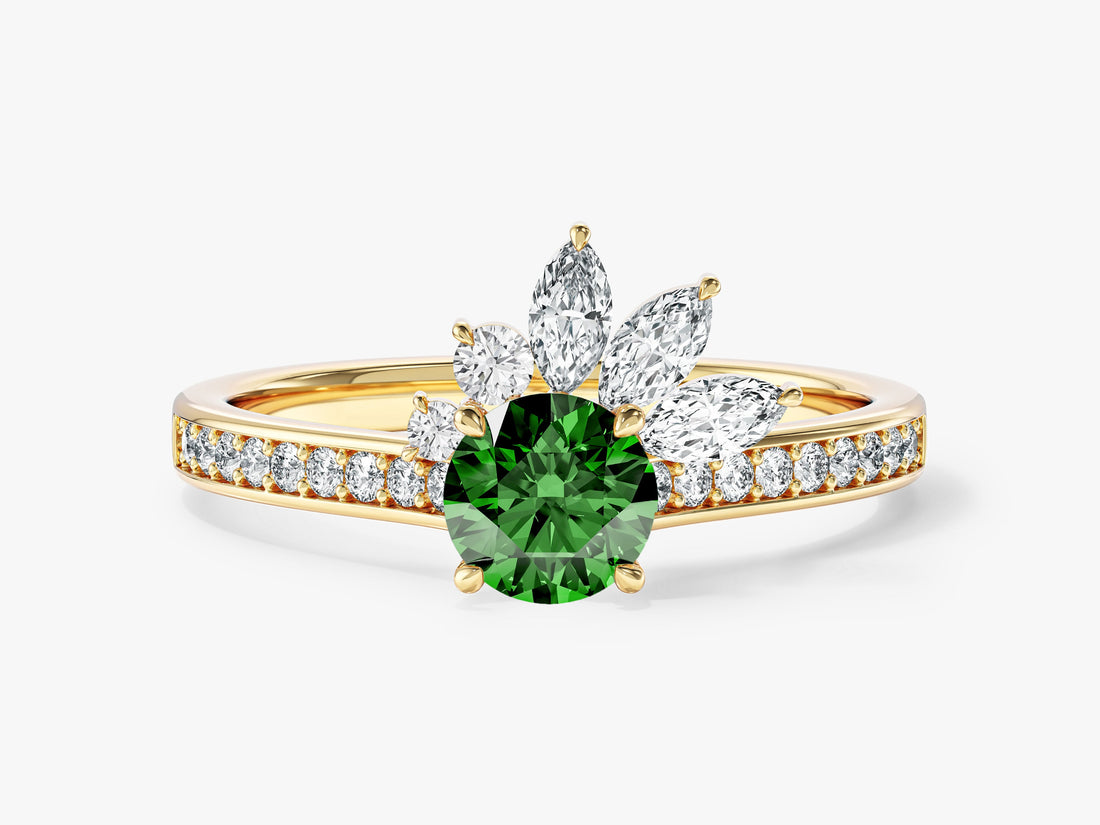 Round moissanite engagement ring with marquise fan cluster and pave band in 14K yellow gold, green display stone