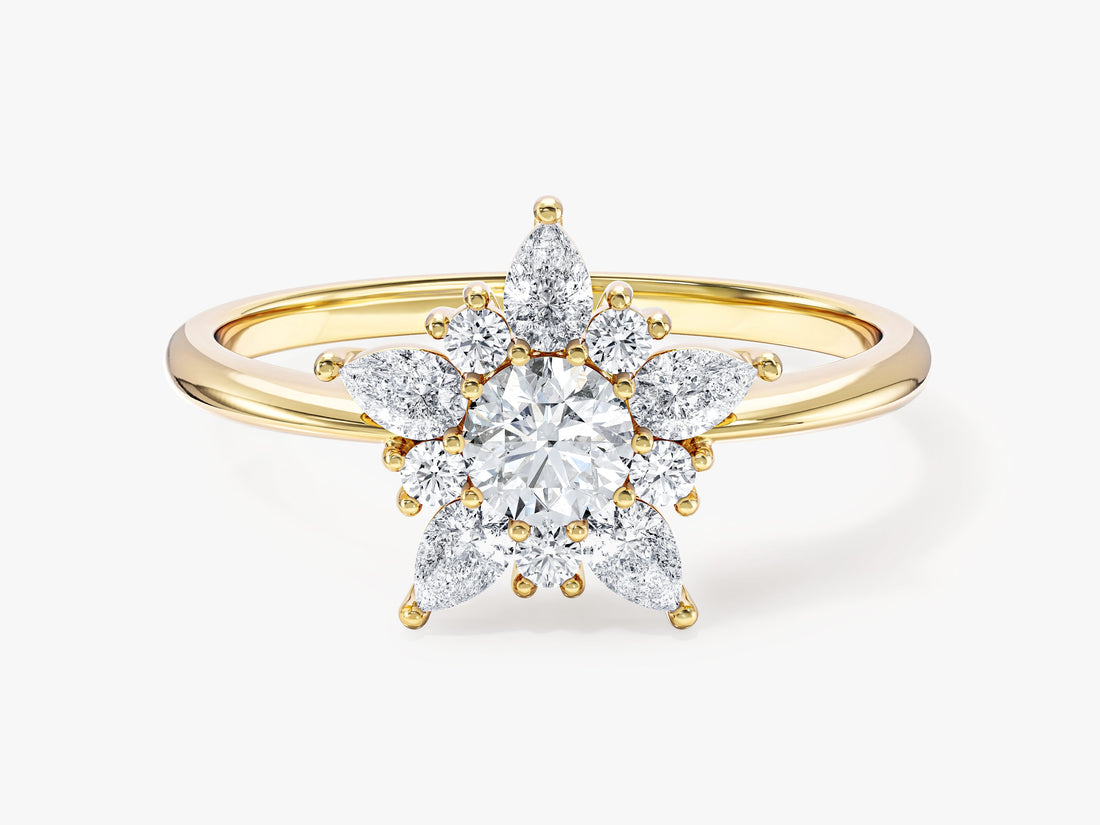 Round lab grown diamond star flower halo engagement ring with pear petals in yellow gold, front view