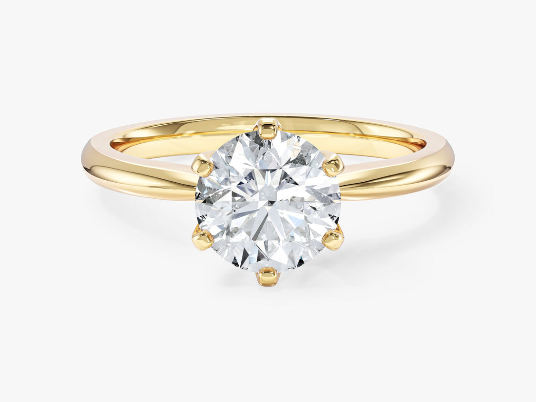 Round lab grown diamond six prong hidden halo engagement ring in yellow gold, front view