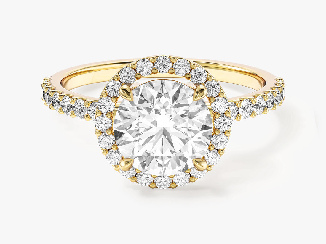 Round brilliant lab grown diamond classic halo engagement ring in yellow gold, front view