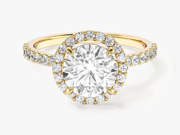 Round brilliant lab grown diamond classic halo engagement ring in yellow gold, front view