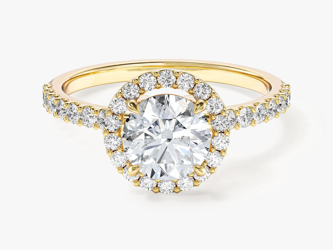 Round lab grown diamond pave halo engagement ring in yellow gold, front view