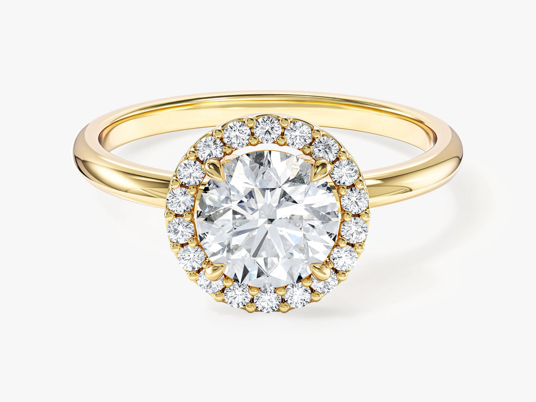 Round lab grown diamond simple halo engagement ring in yellow gold, front view