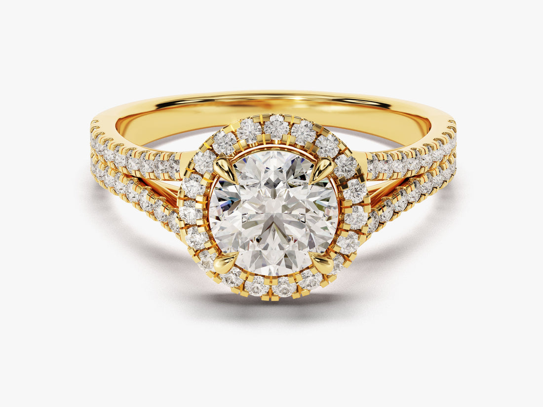 Round lab grown diamond halo engagement ring with split shank pave band in yellow gold, front view