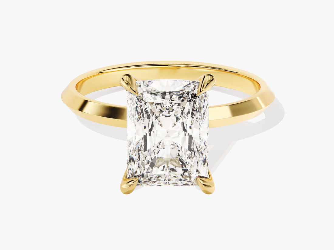 Large radiant lab grown diamond knife edge statement engagement ring in yellow gold, front view