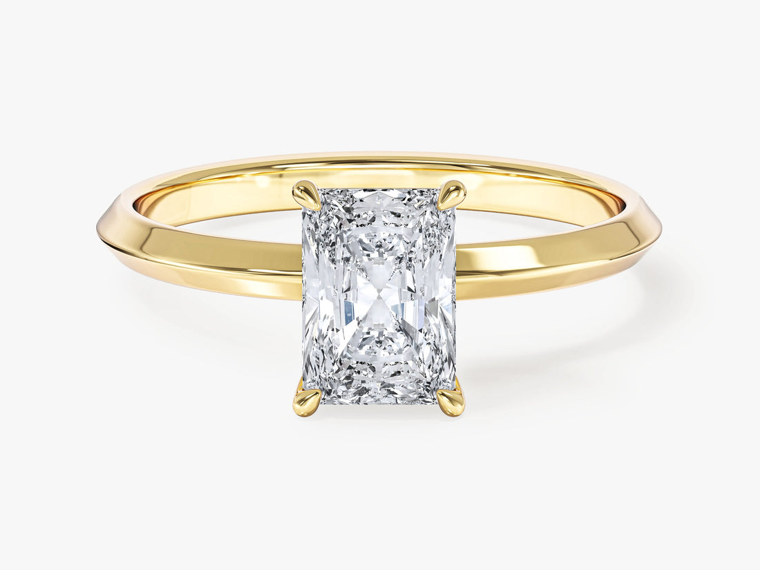Radiant cut lab grown diamond knife edge solitaire engagement ring in yellow gold, front view