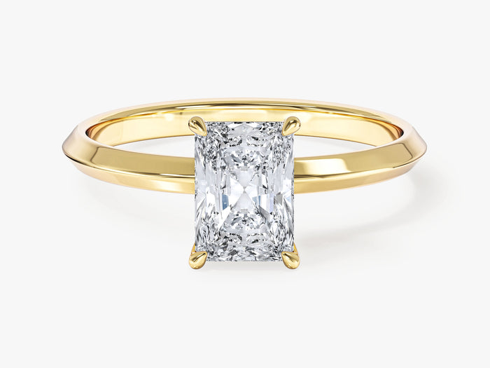 Radiant cut lab grown diamond knife edge solitaire engagement ring in yellow gold, front view