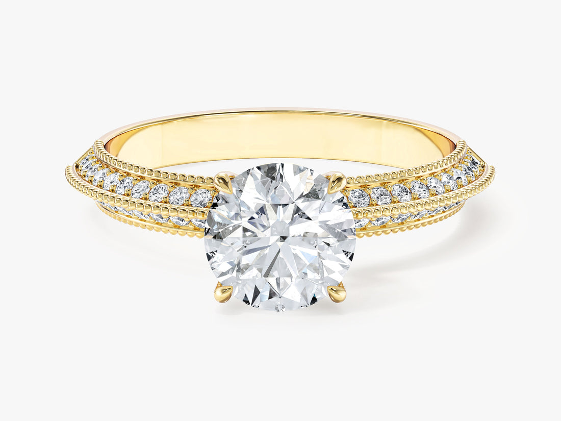 Round moissanite vintage knife edge engagement ring with double pave and milgrain in 14K yellow gold, front view