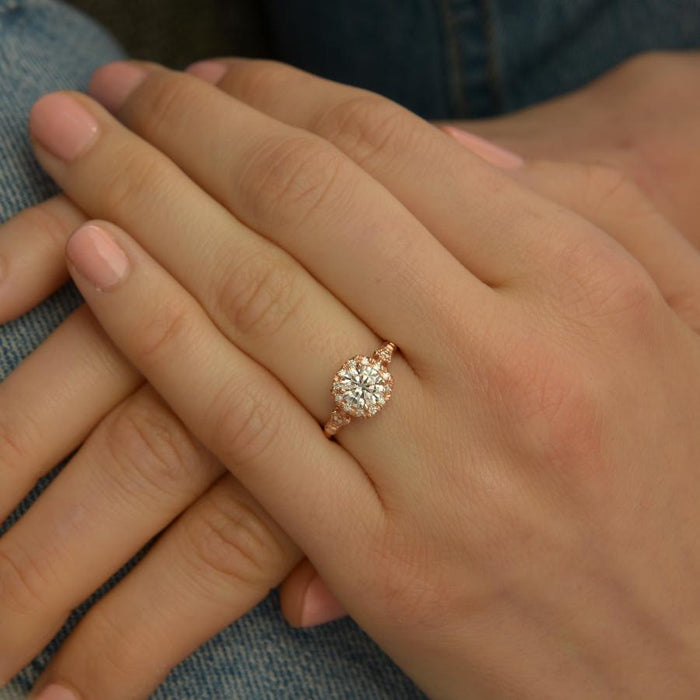 Round brilliant moissanite marquise panel flower halo engagement ring in rose gold, view 2