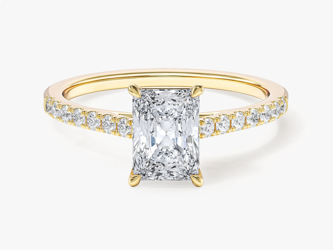 Radiant moissanite solitaire engagement ring with micro pave shoulders in 14K yellow gold, front view