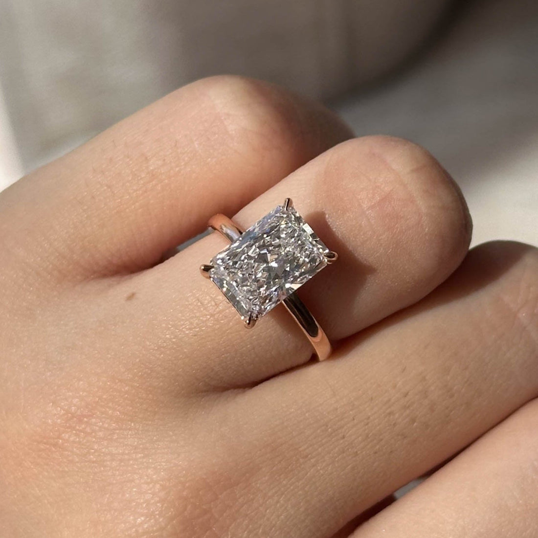 Radiant cut moissanite plain band solitaire engagement ring in rose gold