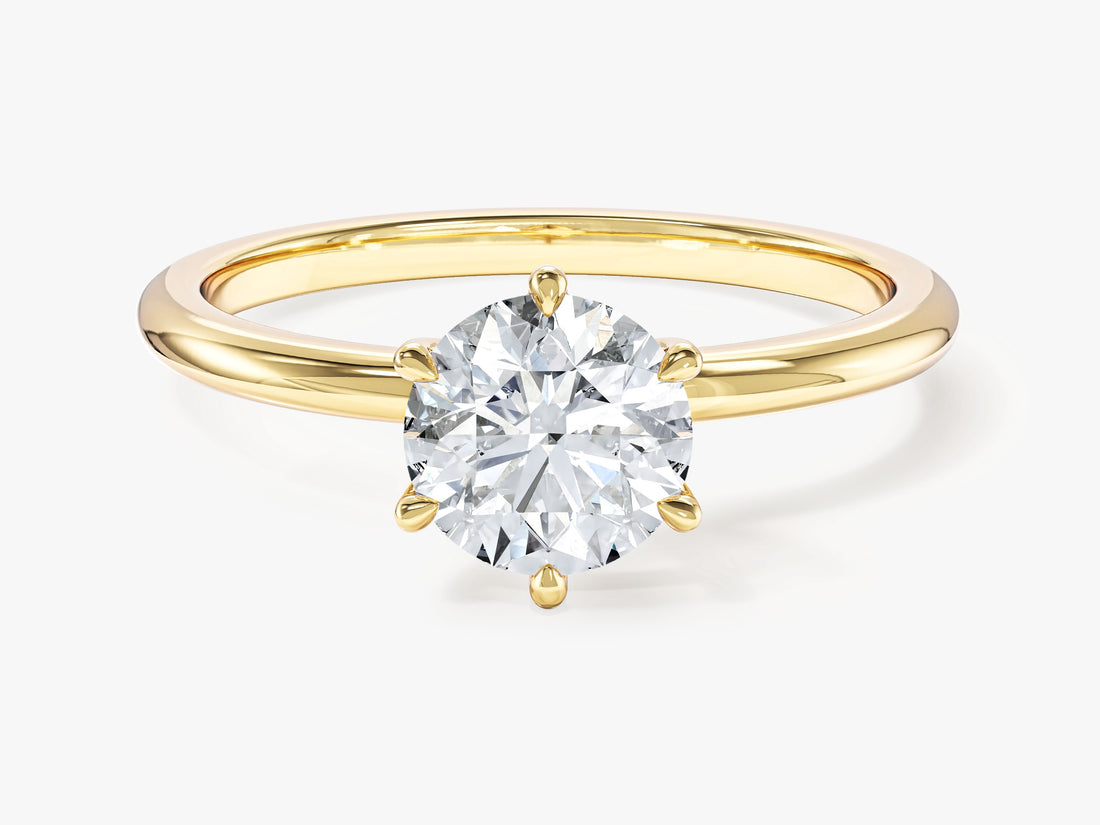 Round brilliant lab grown diamond classic six claw solitaire in yellow gold, front view