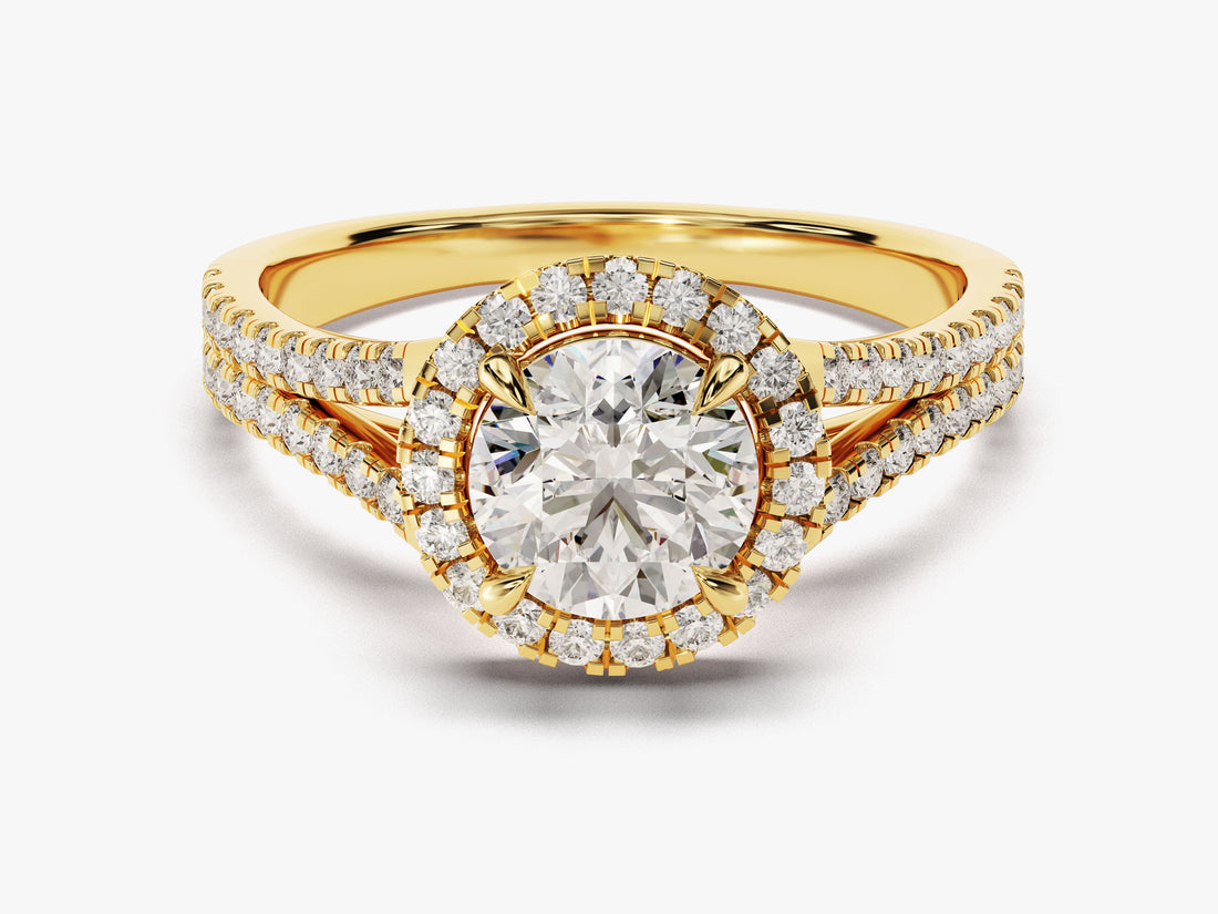 Round moissanite split shank halo engagement ring with double pave band in 14K yellow gold, front view