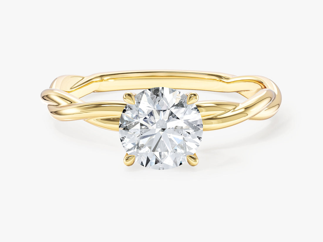 Round lab grown diamond solitaire engagement ring with plain twisted rope band in yellow gold, front view