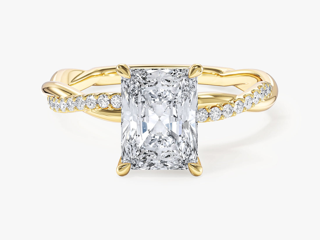 Radiant moissanite four corner claw engagement ring with braided pave twist band in 14K yellow gold, front view