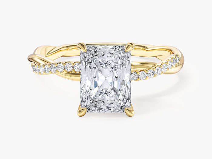 Radiant moissanite four corner claw engagement ring with braided pave twist band in 14K yellow gold, front view