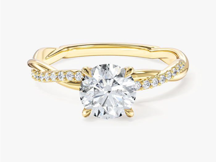 Round lab grown diamond twist engagement ring with pave strand in yellow gold, front view