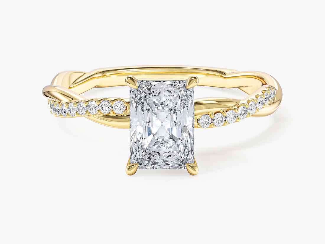 Radiant lab grown diamond twisted pave engagement ring in yellow gold, front view
