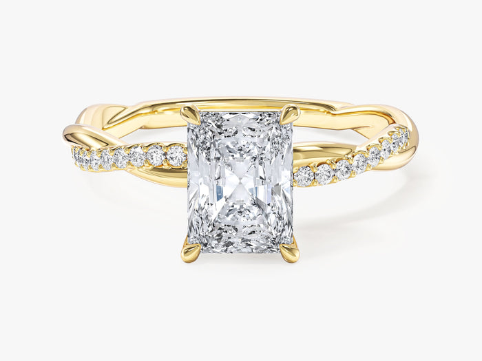 Radiant lab grown diamond braided band engagement ring with half pave twist in yellow gold, front view
