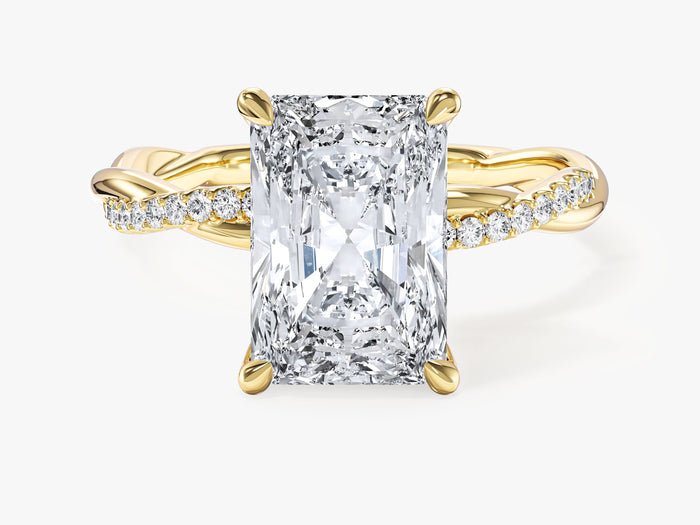 Elongated radiant lab grown diamond crossover twist engagement ring in yellow gold, front view
