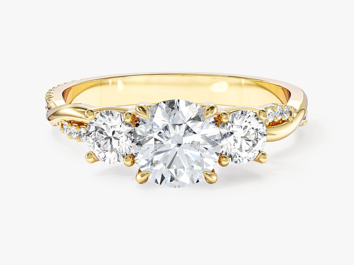 Round lab grown diamond three stone engagement ring with twisted vine pave band in yellow gold, front view