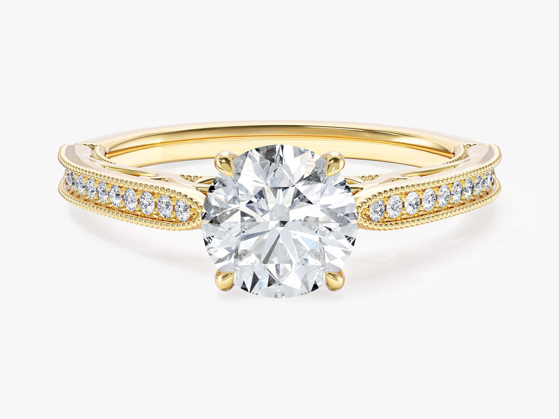 Vintage round moissanite engagement ring with milgrain channel band in 14K yellow gold, front view