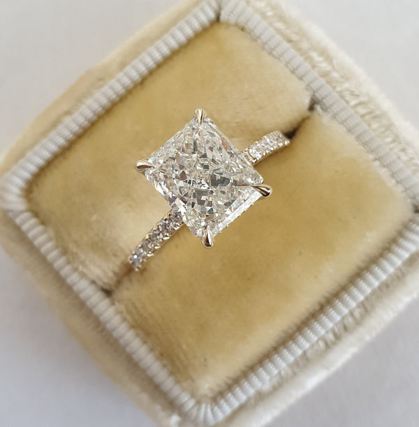 Square Radiant Cut Moissanite Pave Shank Solitaire Ring in Silver, 10K, 14K and 18K Gold