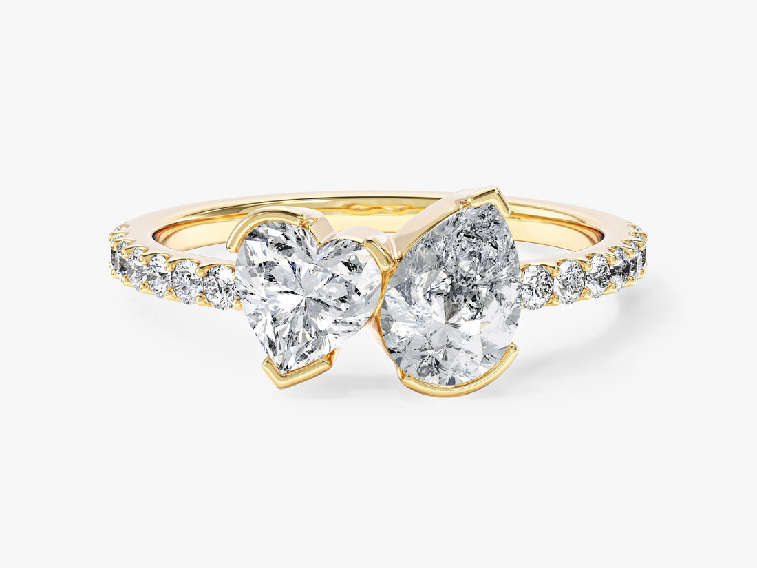 Heart and pear lab grown diamond toi et moi engagement ring with pave band in yellow gold, front view