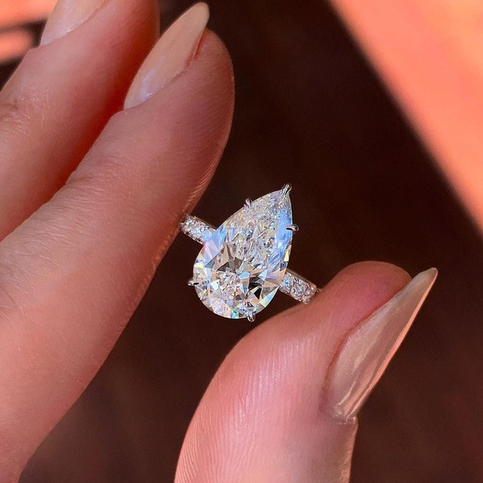 Pear Cut Moissanite Hidden Halo Pave Engagement Ring 2 CT to 5 CT - front view 1