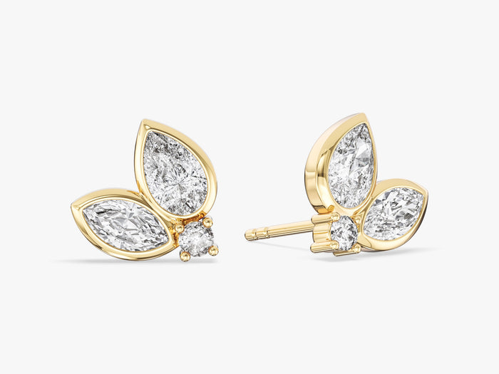 Pair of pear bezel leaf cluster lab grown diamond stud earrings in yellow gold, E color VVS2 lab grown diamonds