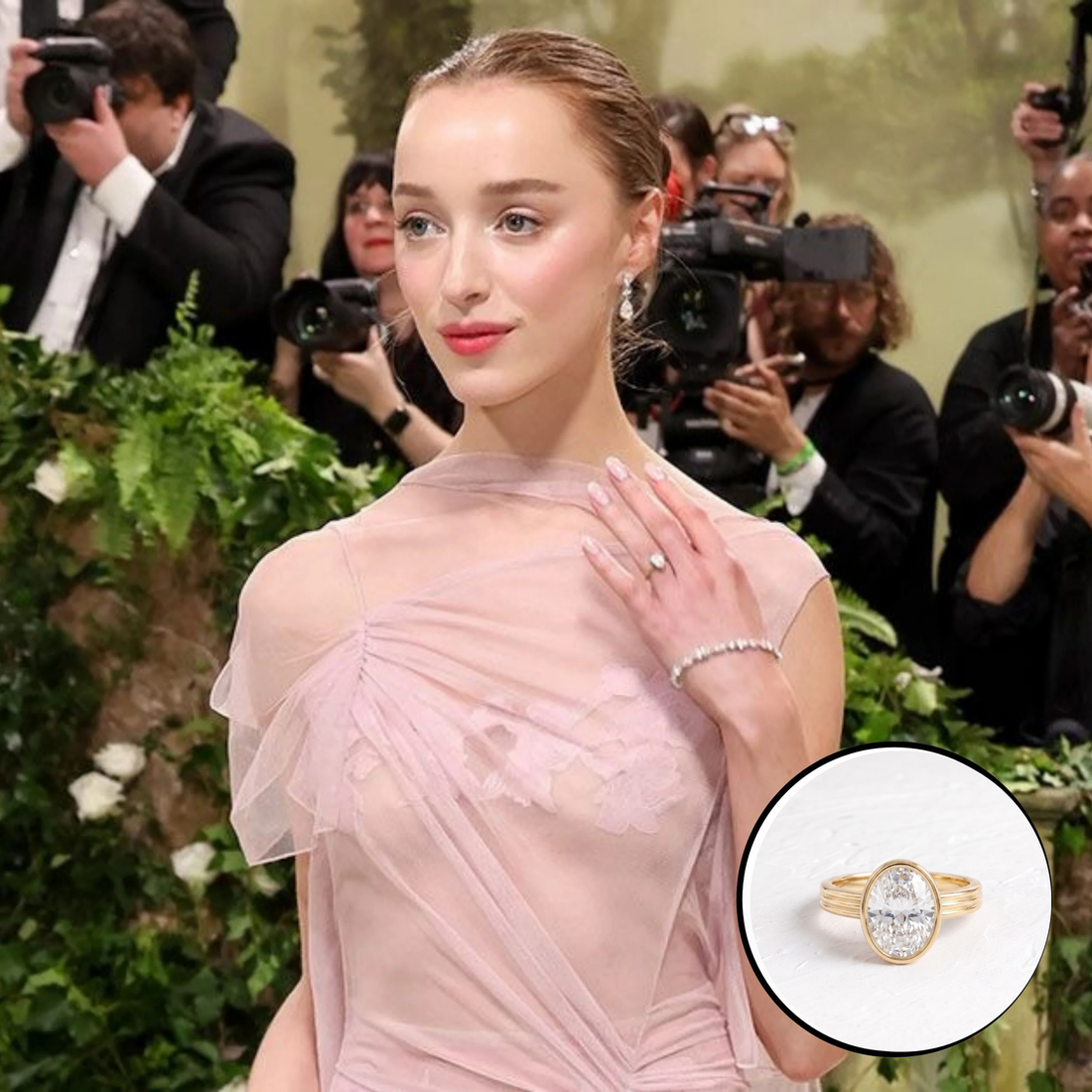 Reference photo of Phoebe Dynevor with our Phoebe Dynevor inspired oval bezel ring with triple ridge band shown inset