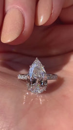 Load and play video in Gallery viewer, 3 CT Pear Shaped Moissanite Engagement Ring – Hidden Halo Pear Cut Ring in 14K/18K White Gold, Pave Setting Anniversary Gift for Her
