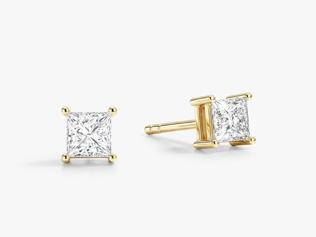 Pair of princess classic 4 prong solitaire lab grown diamond stud earrings in yellow gold, E color VVS2 lab grown diamonds