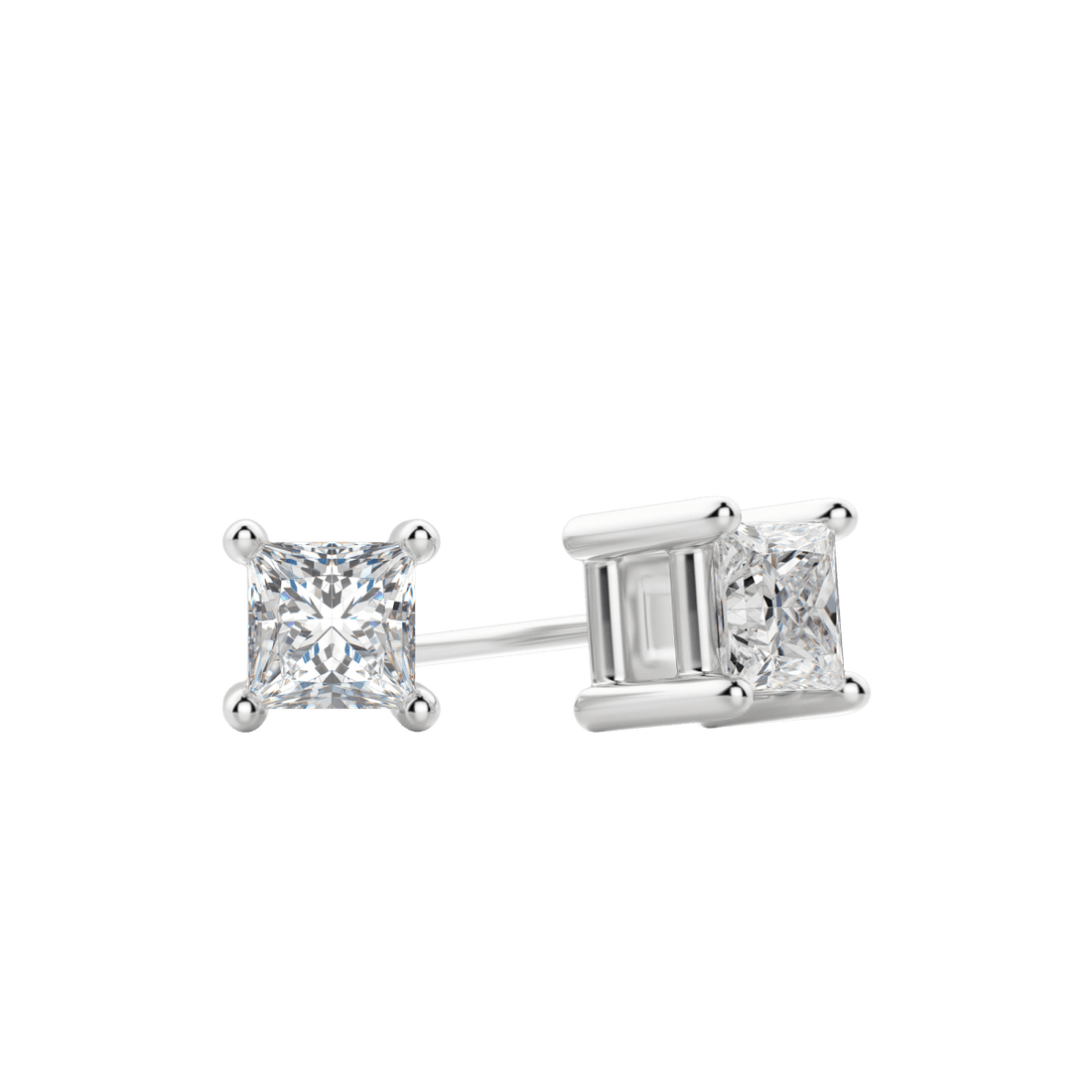 Pair of white gold princess cut lab grown diamond stud earrings in four prong baskets