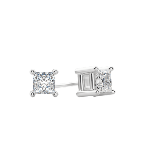 Pair of white gold princess cut lab grown diamond stud earrings in four prong baskets