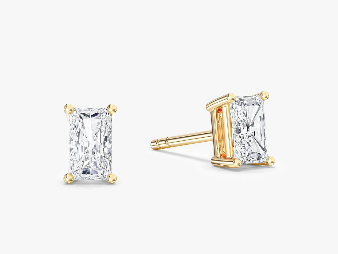 Pair of radiant everyday 4 prong solitaire lab grown diamond stud earrings in yellow gold, E color VVS2 lab grown diamonds