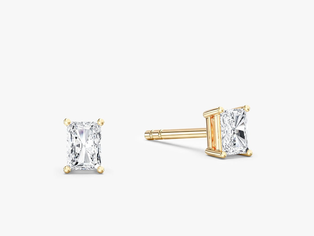 Pair of radiant timeless 4 prong solitaire lab grown diamond stud earrings in yellow gold, E color VVS2 lab grown diamonds