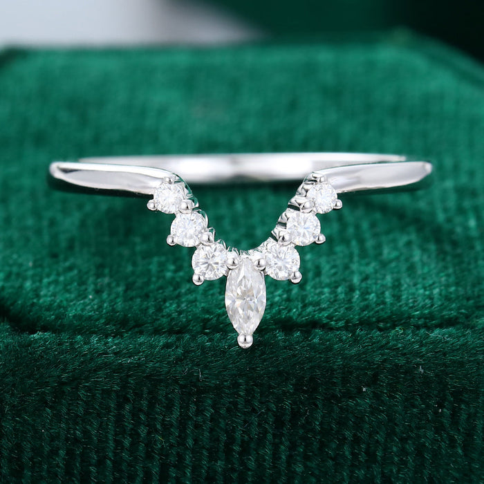 Round and Marquise moissanite v-shaped curved wedding band, front view in white gold
