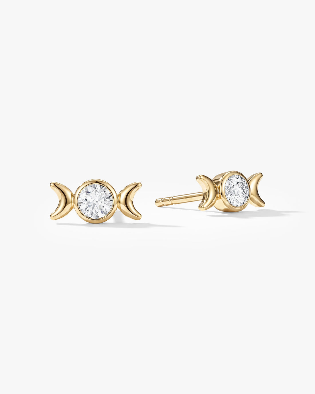 Pair of round bezel moon phases lab grown diamond stud earrings in yellow gold, E color VVS2 lab grown diamonds